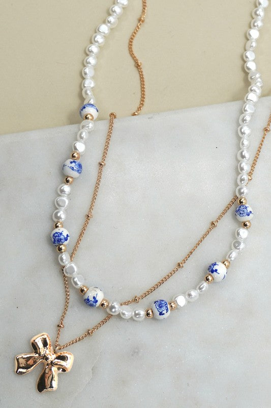Blue Porcelain Bow Necklace