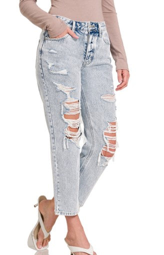 Distressed Cropped Straight Leg Jeans