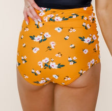 Load image into Gallery viewer, Yellow Floral High Waisted Ruched Swim Bottoms
